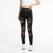 Xysaqa Women's Jeans Look Jeggings Womens Skinny High Waisted Fake Denim Jeggings Soft Stretch Seamless Fiery Red Lips Print Full Leggings Pull-On Casual Pants Black M
